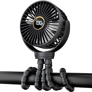 Portable Stroller Mini Fan, Small Rechargeable Personal Fan, Baby Travel Essentials for Wagon, Car Seat, Treadmill, Battery Powered Biking Gear Accessories, 360 Rotation, 3-Speed, Display, Black