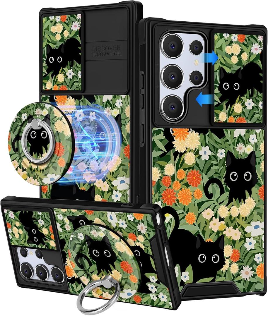 Buleens for Samsung Galaxy S25 Ultra Case - with Ring Stand & Camera Cover Aesthetic Cute Designed for Women Girls Girly Kawaii Cats Floral for Samsung S25 Ultra Phone Case Compatible with Magsafe
