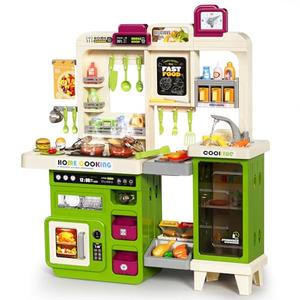 Pupu Pig Kids Kitchen Playset, Play Kitchen with Electric Stove, Grill, Sink, Play Food, ToyKitchen Accessories, Kitchen Interactive Play with Lights Sound Steam, Cooking Toys for Toddler Kid Gifts