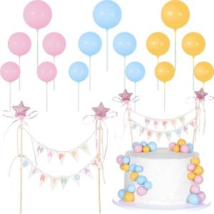 ForraFun 16 Pcs Happy Birthday Cake Topper Cake Bunting Topper Banner with Wood Pole Rainbow Garland with Bow Ribbon Balloon Cupcake Decor for Birthday Baby Shower (Pink,Blue,Yellow)