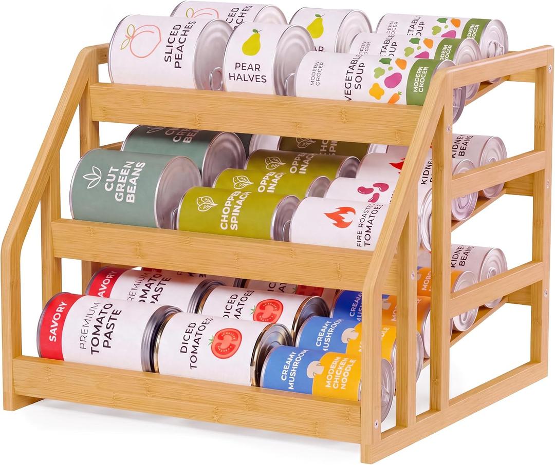 HOMESTEAD Bamboo Can Organizer for Pantry - 3 Tier Rack with Adjustable Dividers, Gravity Feed Canned Goods Organizer, 36 Cans Soda Storage