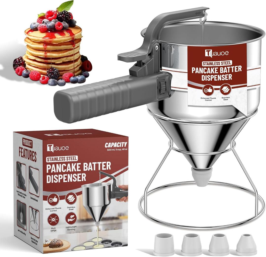 Stainless Steel Pancake Batter Dispenser, 40oz Batter Dispenser with Squeeze Handle, Great for Pancakes, Cupcake, Waffle or Any Baked Goods, Durable, Leak-Free, Space Gray