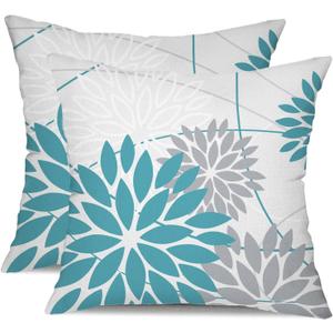 Blue and Grey Floral Pillow Covers 18"x18" Set of 2 Outdoor Waterproof Decorative Throw Pillows Summer Pillow Covers Polyester Cushion Case Decor for Couch Patio Funiture Garden Porch