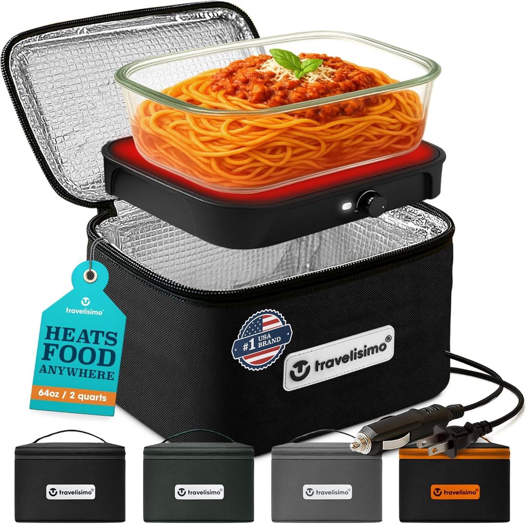TRAVELISIMO Portable Microwave, Portable Food Warmer For Work & Home Use, Heated Lunch Box 12V/24V/110V, Portable Oven 3-in-1 Food Heater, Electric Lunch Box, Calentador de Comida Portatil (Black)