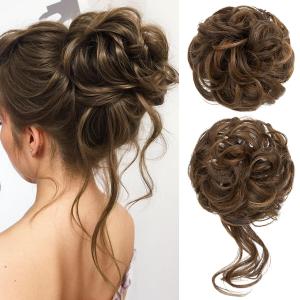 CJL HAIR 2PCS Messy Bun Hair Pieces Wavy Curly Synthetic Updo Chignon Fake Scrunchies Ponytail Extension for Women Chocolate