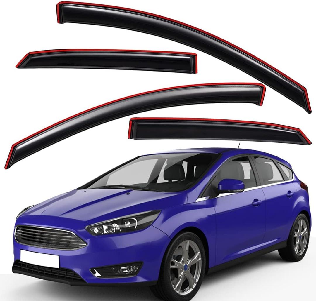 Lightronic Extra Durable Clip-on in-Channel Auto Vent Window Visor, Fit 2012-2018 Ford Focus Sedan & Hatchback, UV Protection Rain Guard, Original Wind Deflector, No-Drill Install, Dark Smoke, 4-Pcs