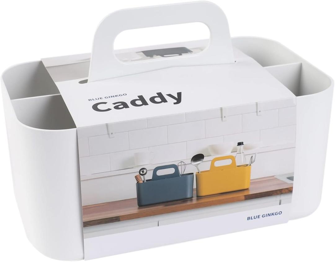 BLUE GINKGO Stackable Organizer Caddy Korean-Made Portable Tote for Bathroom, Office, Crafts, or School Supplies (Rectangle, White)