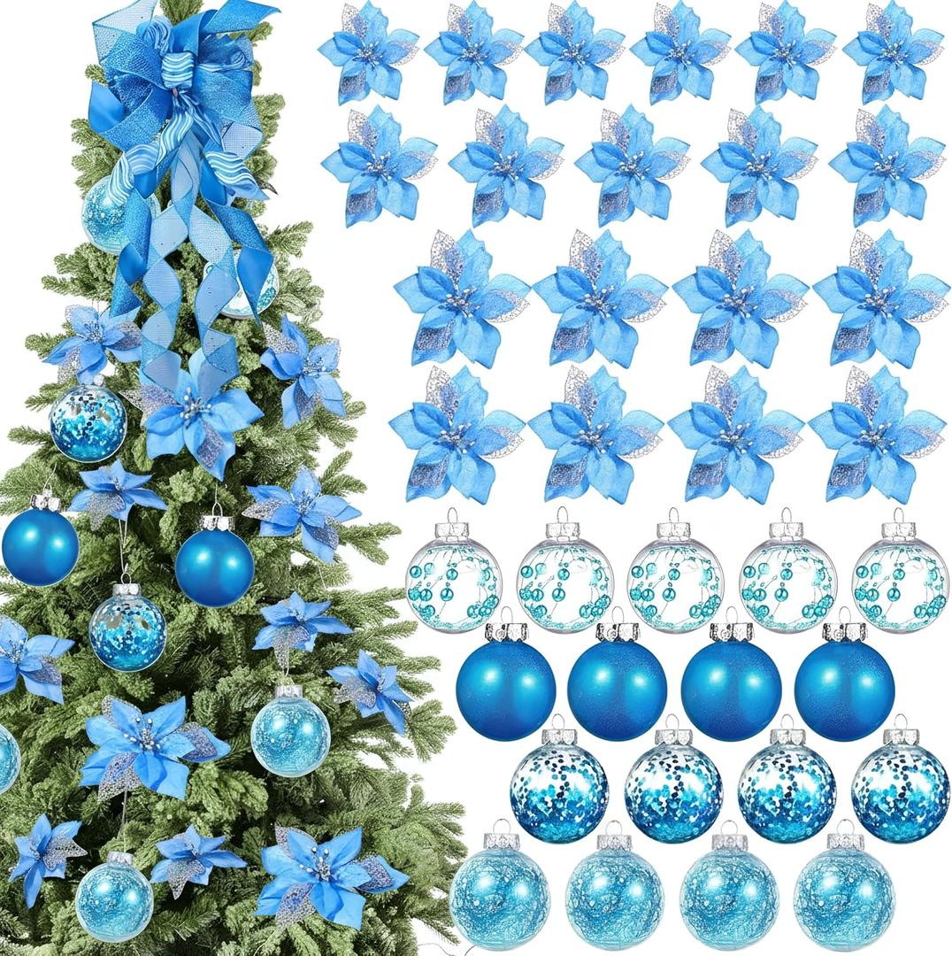 49 Pcs Blue Christmas Tree Decoration Set Tree Topper Bow 24 Pcs Christmas Glitter Artificial Poinsettia Flowers and 2.36 Inch Xmas Ball Ornaments for Xmas Party Holiday Decor
