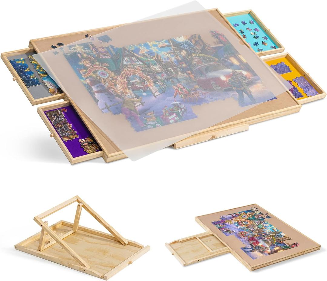 Tektalk Jigsaw Puzzle Table with Integrated Adjustable Stand/Bracket and Removable Cover, 3-Tilting-Angle Wooden Plateau Portable Puzzle Board with 4 Sorting Drawers, for Up to 1500 Pieces