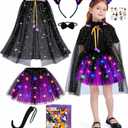 Black Cat Costume and Cape for Girls, 7 Pcs LED Light Up Kids Cat Halloween Costume for Girl Ages 3 4 5 6 7 8 (Purple) One Size