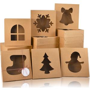 COTOPHER 18Pcs Christmas Cookie Boxes with Window, 10x10x2.5 inch Brown Bakery Boxes for Gift Giving, Kraft Treat Boxes Dessert Boxes for Cakes Donuts Chocolate Strawberries Pastries Muffins