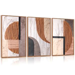 Aurlan Neutral Abstract Oval Rectangular Framed Wall Art(16"x24"), 3 PCS Minimalist Black Beige Brown Gray 3D Textured Canvas Artwork, Large Modern Geometric Illustration Art Wall Decor for Office Living Room Bedroom