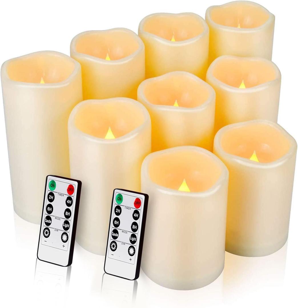 Enido 9pcs Flameless Flicking LED Candles with Remote, Battery Operated Outdoor Waterproof Candles, Electric Candle for Dining Tables and Fireplaces (Water Resistance, Pack of 9 (D: 3" x H: 4"4"5"5"5"6"6"6"6"))