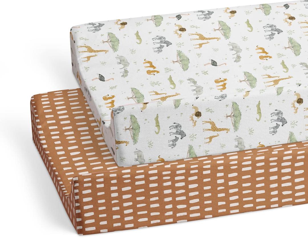 Baby Changing Pad Cover 2-Pack for Boys, Girls (Safari Adventure) - Premium Fitted Sheets Baby Diaper Changing Table Cover - Buttery Soft Cotton Blend