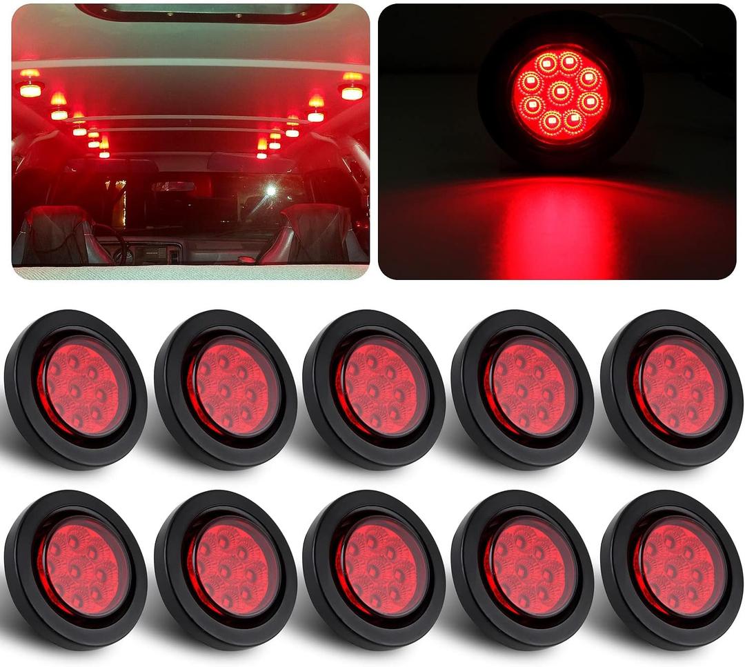 10Pcs 2 Inch Round Red LED Marker Lights 9 LED w/Reflectors, Multi Faceted 2 Inch Led Side Marker Clearance Lights Trailer Marker Lights Flush Mount w/Grommets and 2 Prong Pigtails