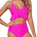 Tempt Me Women Two Piece Swimsuits High Waisted Bikini Set Ruffle Flounce Tummy Control Bottoms Bathing Suit, Size M