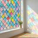 Coavas Window Privacy Film Stained Glass Window Clings 3D Rainbow Film for Glass Door Decorative Colorful Lattice Stickers Static Cling Sun Blocking Door Coverings for Home, 35.4 x 78.7 inch