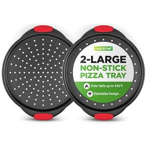 NutriChef 2-Piece 13-Inch Nonstick Pizza Tray, Round Carbon Steel Non-Stick Pizza Pan with Perforated Holes, Premium Bakeware Pizza Screen with Silicone Grip Handles, Dishwasher Safe, NCBPIZX2