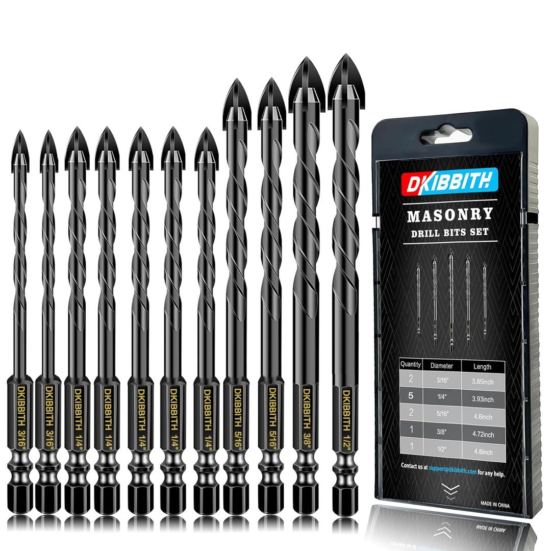 11-pc Carbide Masonry Concrete Drill Bit Set for Stone Tile Brick Ceramic Glass Metal Sheet Plastic Wood, Quick Change 1/4" Hex Shank, Size 3/16" 1/4" 5/16" 3/8" 1/2" with Storage Case