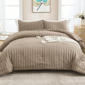AveLom Taupe Seersucker Full Comforter Set (80x90 inches), 3 Pieces-100% Soft Washed Microfiber Lightweight Comforter with 2 Pillowcases, All Season Down Alternative Comforter Set for Bedding