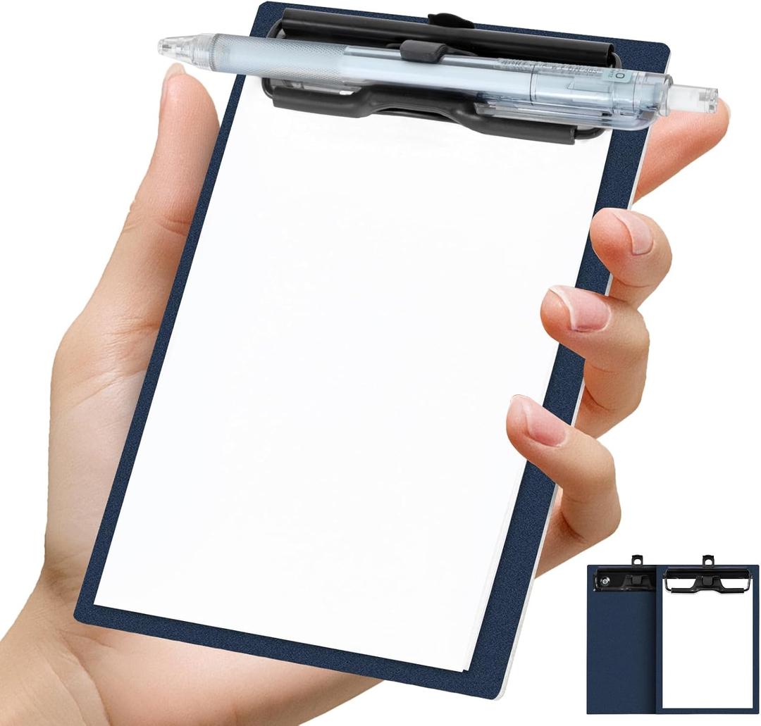 FRETONBA Mini Clipboard 4x6 Inch with Pen Holder, 2 Pack Small Clipboards with Low Profile Clip & Hanging Loop, A6 Portable Pocket Clipboards Memo Size Notepad for Restaurant, Office, School(Blue)