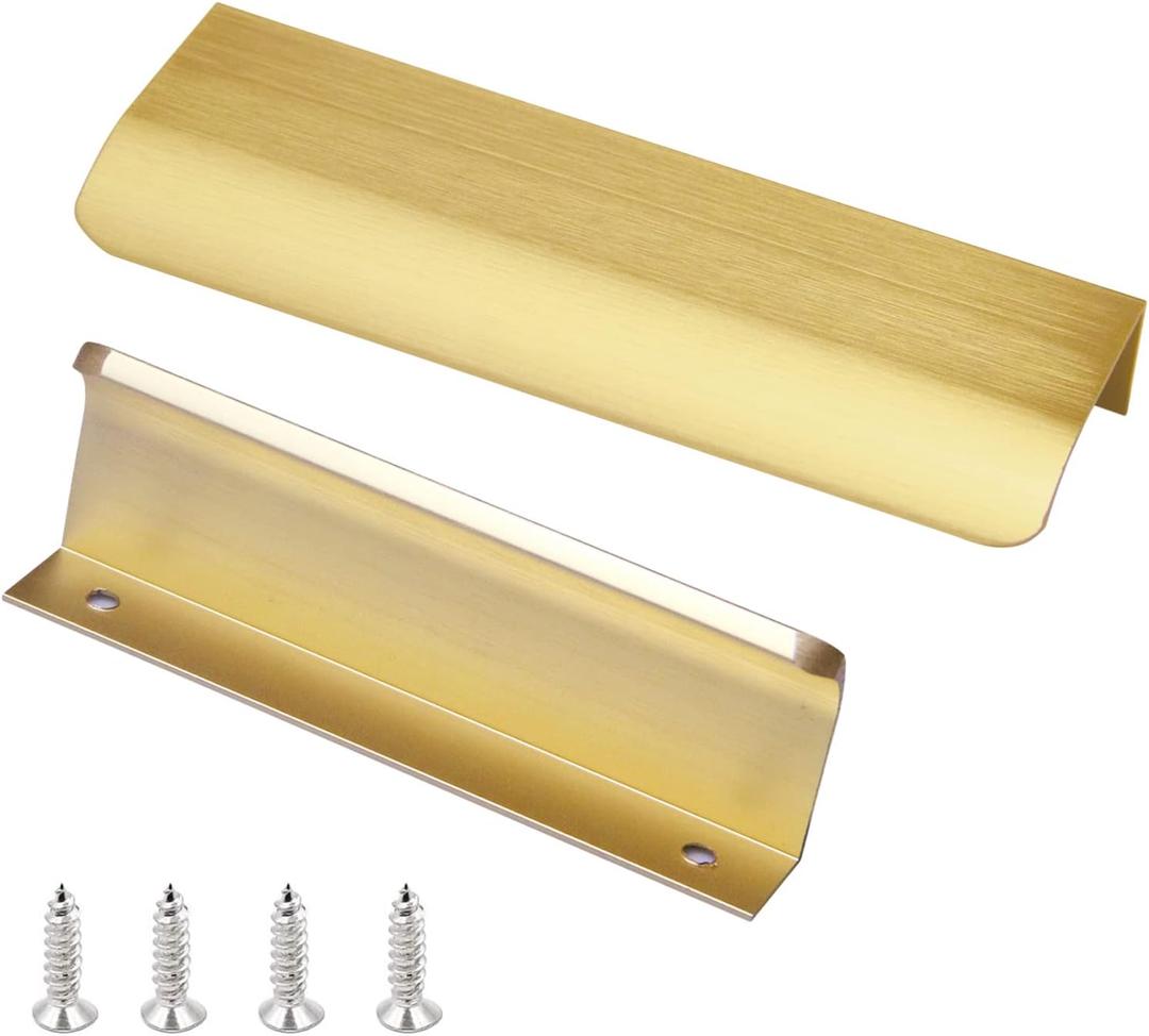 JOOJA 10 Pack Modern Style Finger Edge Pull Furniture DrawerHandles Hidden Cabinet Kitchen Drawer Handles Knobs, Brushed Brass 200(160) mm