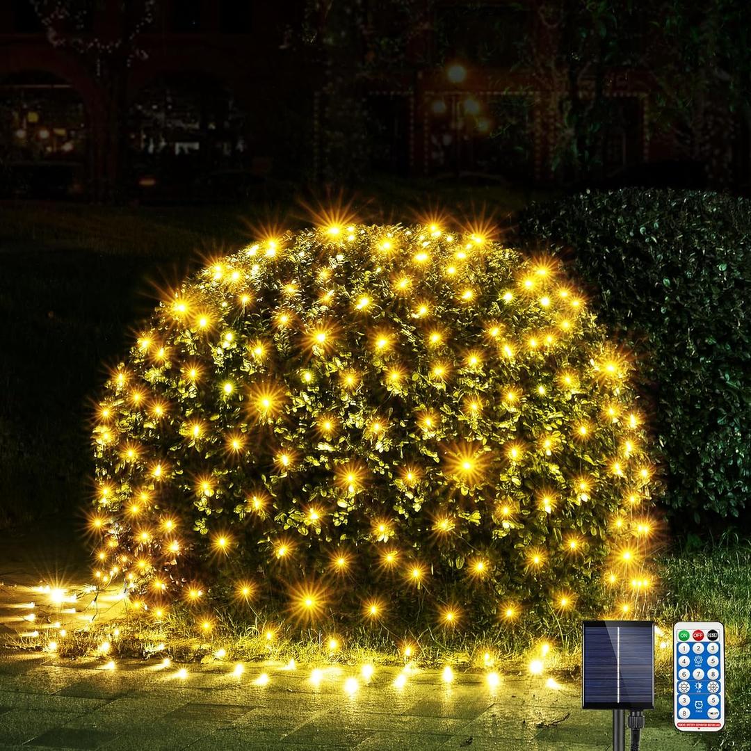 WBao Solar Christmas Lights Outdoor 200LED 8.4ft x 5.2ft LED Net Lights with Remote, 8 Lighting Modes, Timer, Waterproof for Lawn, Bushes, Shrubs, Trees Outdoor Christmas Decorations, Warm White