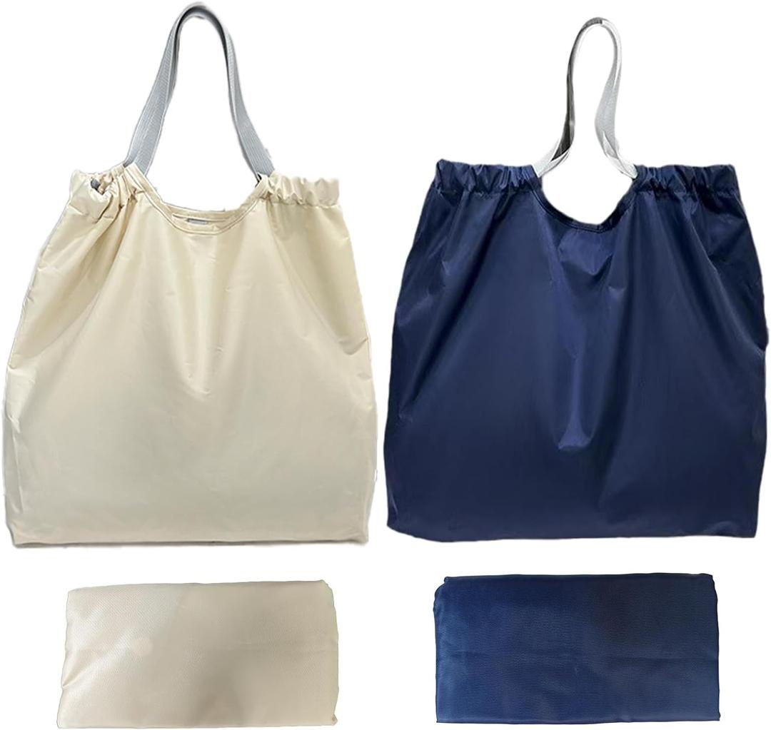 2 Pack Foldable Reusable Shopping Bags - 210D Nylon Waterproof Grocery Tote Bag Handbag with Drawstring Mouth & Reinforced Handle, Compact Bag for Work, Travel, Groceries, Beach, Storage