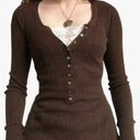 Women Y2K Lace V Neck Shirt Long Sleeve Half Button Down Solid Color Slim Fit Aesthetic Going Out Blouse Streetwear(Brown, XL)