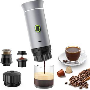 Portable Coffee Maker, Espresso Machine for camping, Travel Coffee Maker with USB-C, 3-in-1 Small Espresso Machine with Ground Coffee & Capsules (NSDG) for RV, Hiking, Office(Silver) (Silver(One Battery))