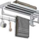 24 Inch Towel Racks for Bathroom Wall Mounted, Foldable Towel Rack with Shelf, Towel Storage Organizer with Movable 5 Hooks for Bathroom Lavatory, Silver