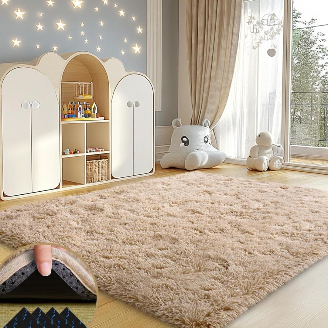 4x6 Rugs for Living Room, Large Fluffy Area Rugs for Bedroom, Soft Carpet Shag Kids Rug with 4 Non-Slip Rug Pads (Light Tan, 4ft x 6ft)