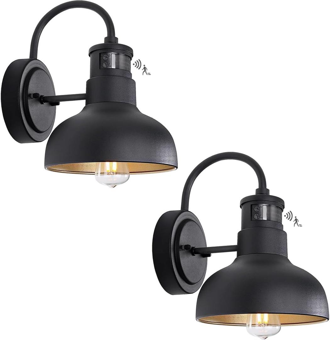 7in Dome Motion Sensor Outdoor Barn Light Wall Mount Dusk to Dawn Exterior Small Gooseneck Lightinging Fixture Black Garage Gooseneck Porch Wall Sconce 2 Pack Farmhosue Barn Lights Outside