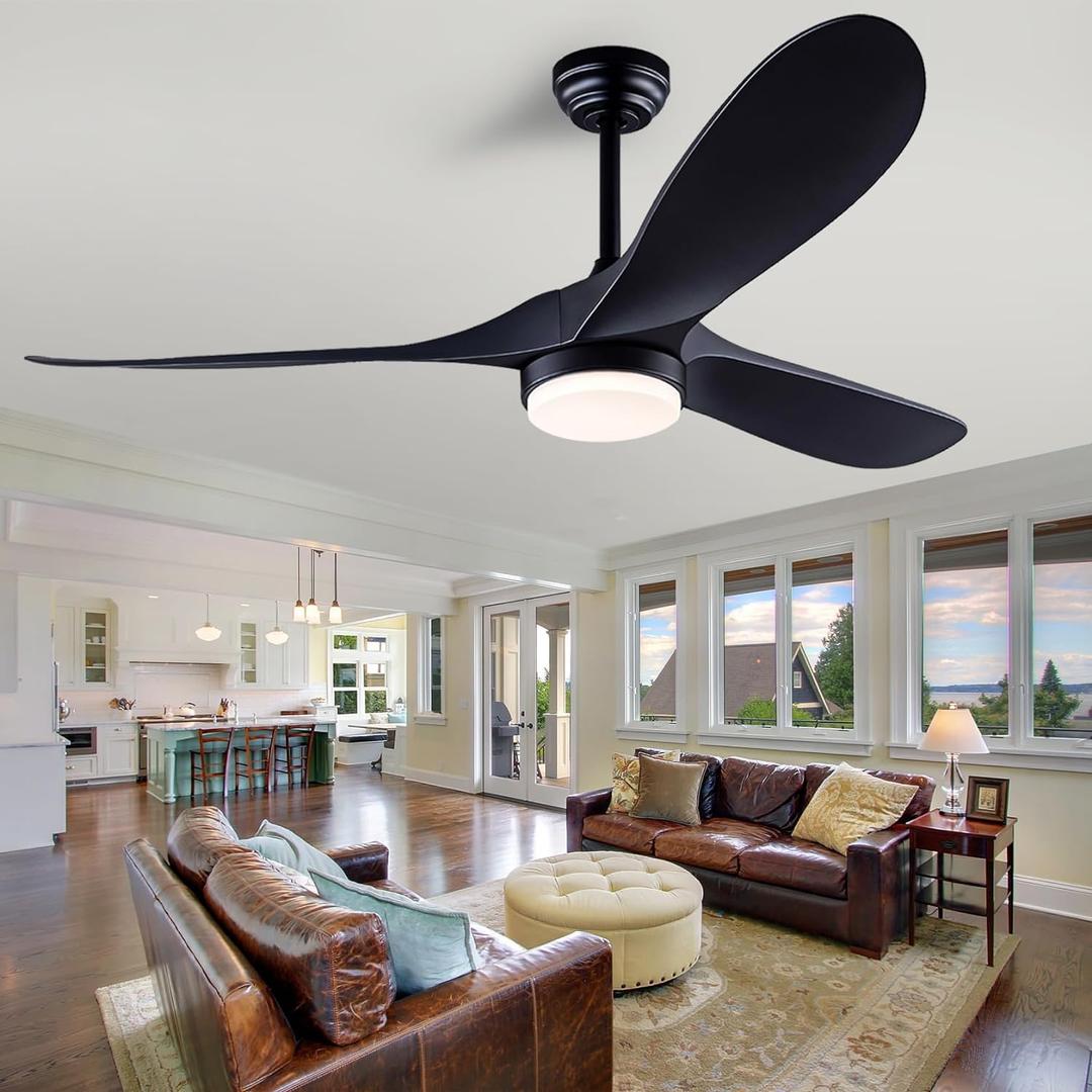 52" Ceiling Fans with Lights Remote Control,Modern Reversible DC Motor Indoor Outdoor 3 Blades ABS Ceiling Fans for Patio Bedroom Living Room(Black)