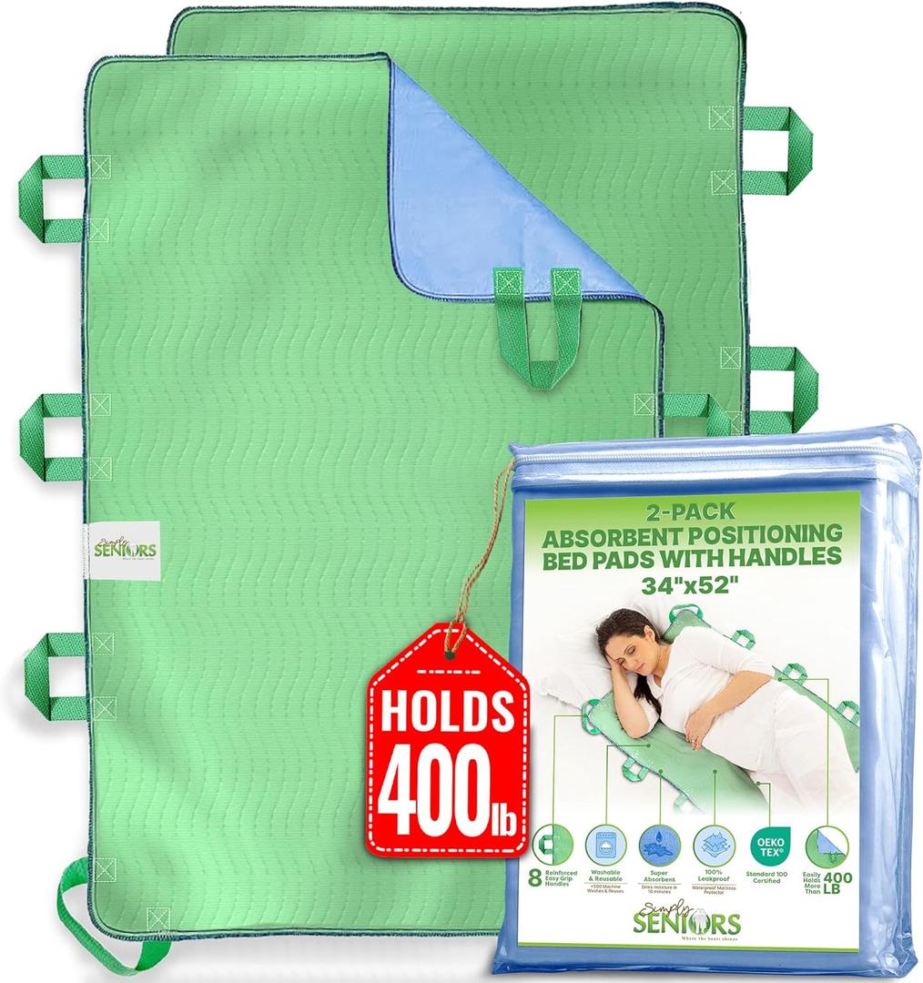 Absorbent Positioning Bed Pads for Elderly with 8 Handles 34"x52"- 2 Pack of Washable Waterproof Incontinence Draw Sheets - Reusable Bed Mobility Under Pads for Seniors Disabled & Bedridden Patients