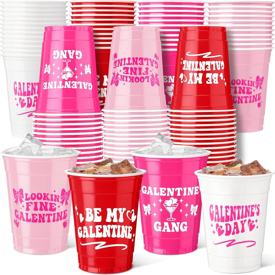 Vesici 100 Pcs Galentines Day Decorations Plastic Cups 12oz Girl Friends Galentine's Party Cup Gift Pink Red Reusable Beverage Supplies Cups for Valentine's Day Party Decor Girls Women Supplies