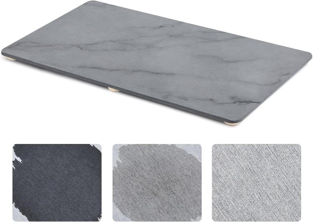 1 Pcs 32" x 18" Extra Large Stone Dish Drying Mat for Kitchen Counter Marble Diatomaceous Earth Mat with Wooden Feet Absorbent Quick Dry for Pot Dishes Bottles Cups Bottles Tableware, Gray