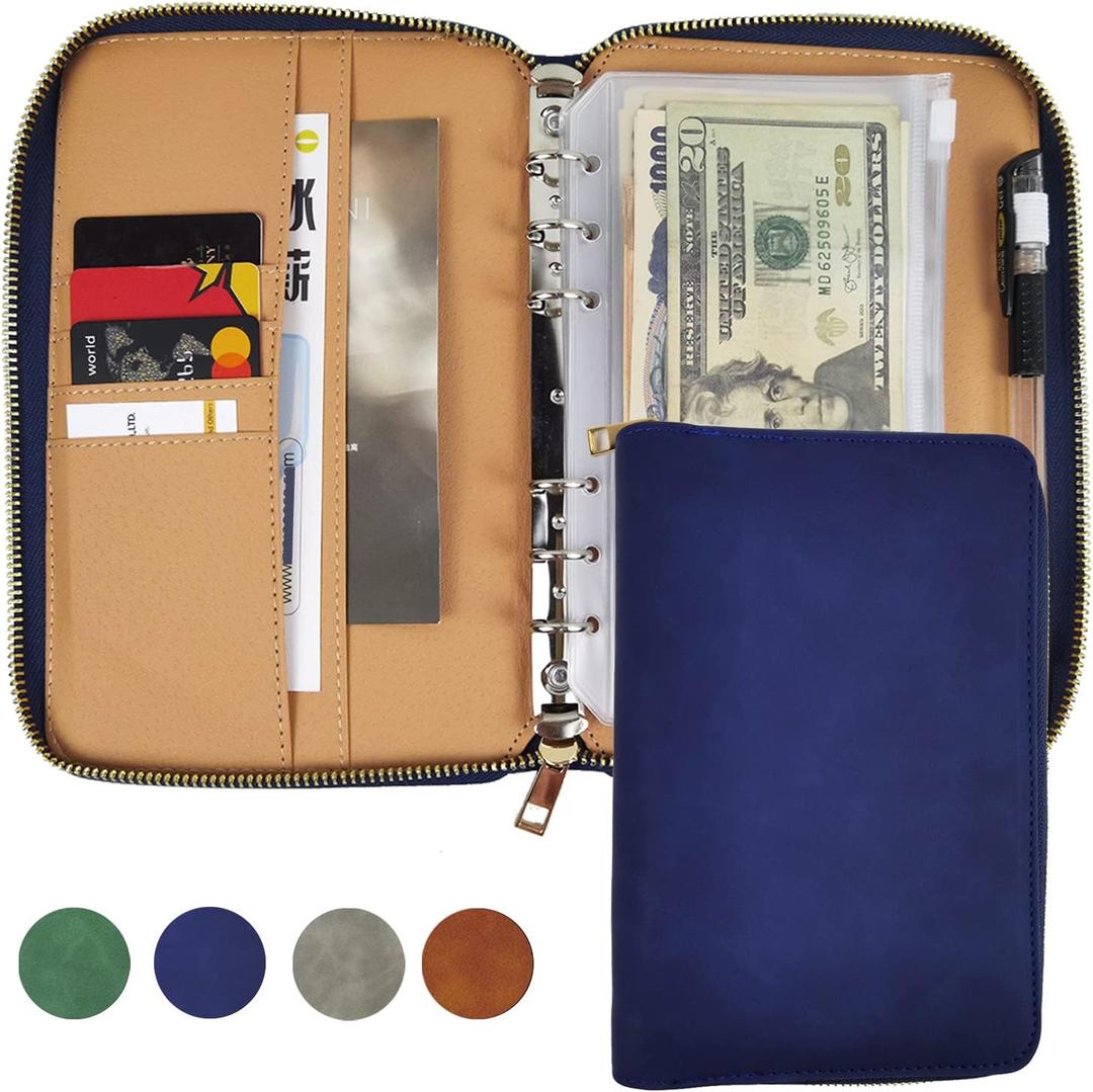 A6 Leather Budget Binder Cash Envelopes System Wallet Budget Planner PU Leather Cover Notebook with Zipper 6 Rings Refillable Money Wallet Organizer for Cash Budgeting and Saving (Bule)