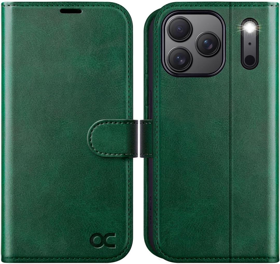 OCASE Compatible with iPhone 17 Pro Wallet Case, PU Leather Flip Folio Case with Card Holders RFID Blocking Kickstand [Shockproof TPU Inner Shell] Phone Cover 6.3 Inch 2025, Blackish Green