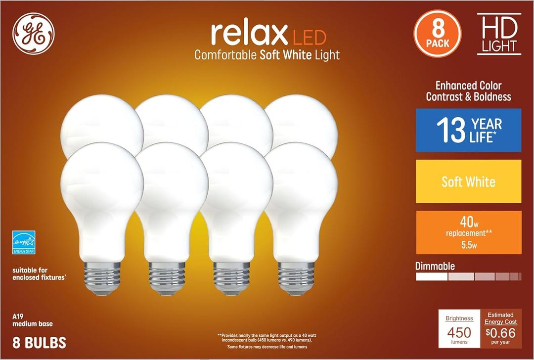 GE Relax 8-Pack 40 W Equivalent Dimmable Warm White A19 LED Light Fixture Light Bulbs 44898