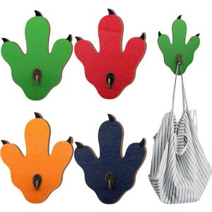 Honeydak 4 Pcs Wood Dinosaur Wall Hooks Dinosaur Room Decor for Boys Kids Bedroom Bathroom Nursery Footprint Wall Coat Hanger Hooks for Hanging Bags Towels Jackets(Bright Color)