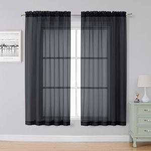 Simplebrand Black Sheer Curtains, 63" Length, 2 Panels Set - Light Filtering, Rod Pocket Window Curtains for Bedroom (Black, 59" W x 63" L)