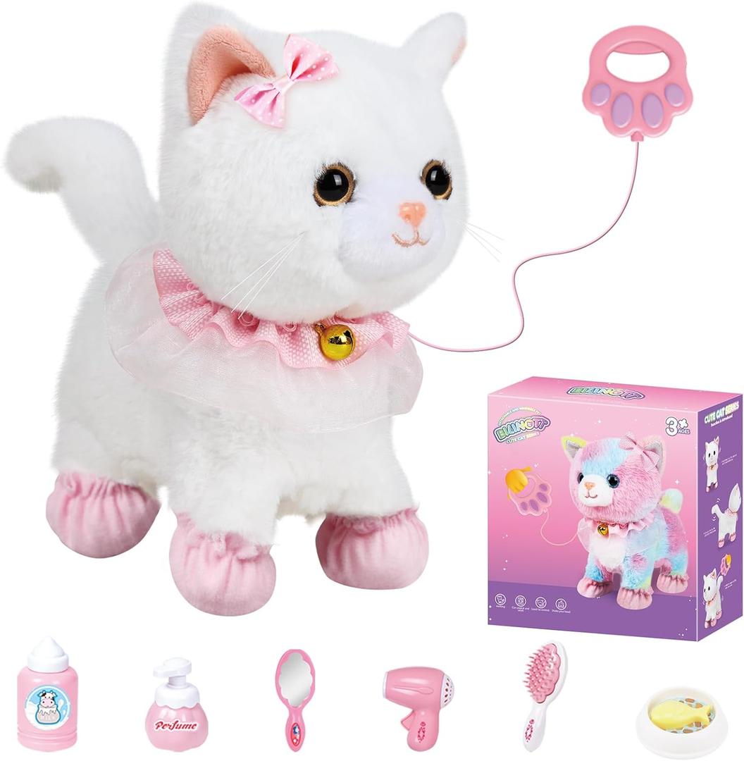 Kids' Touch & Voice Controlled Walking Cat Toy - Lifelike, Meows, Wags Tail, Ages 3-7 (White)