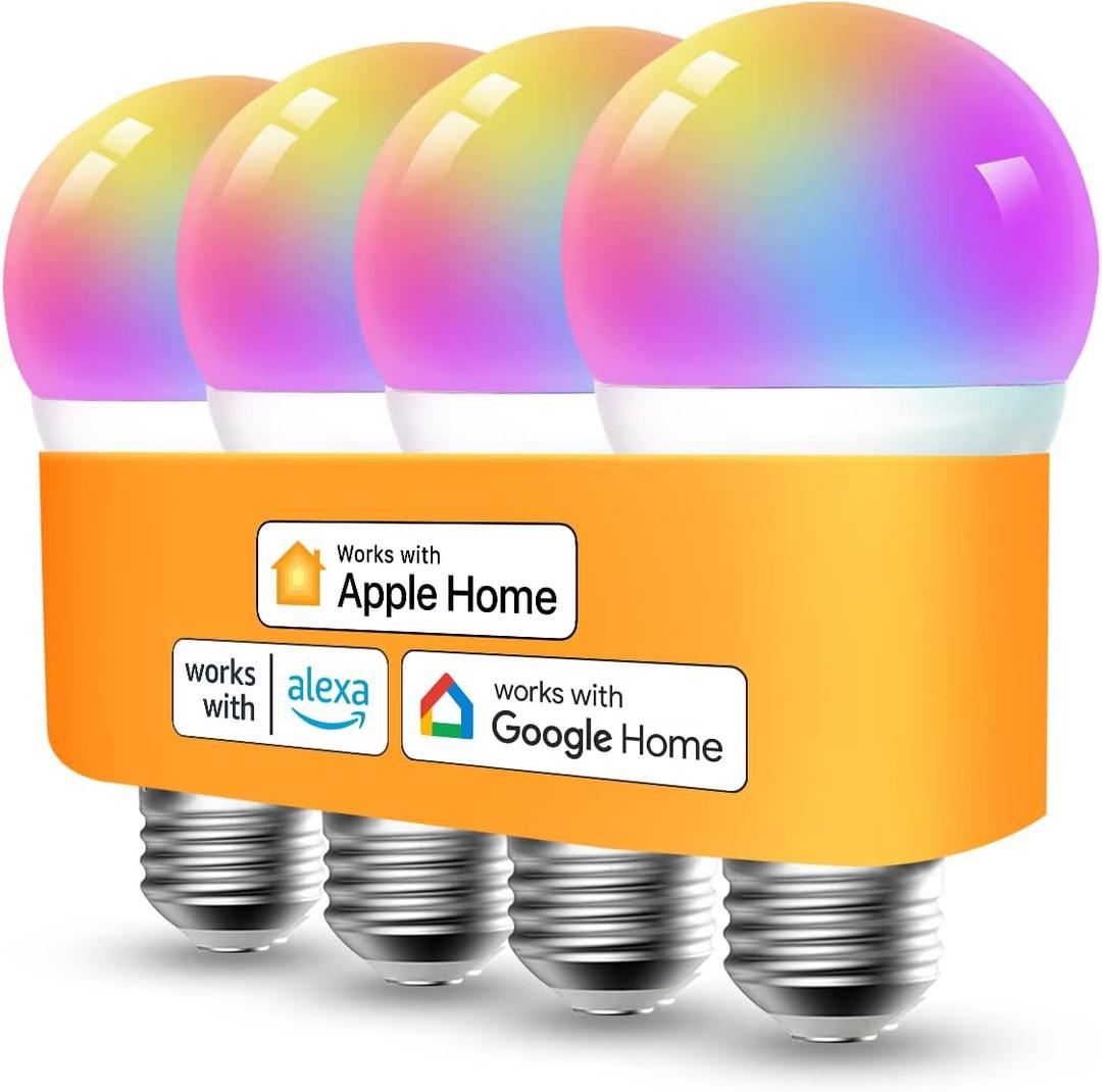 Refoss Smart Bulbs Works with Apple HomeKit, Color Changing Smart Light Bulbs Compatible with Siri, Alexa and Google Home, A19 LED Bulb, E26 Fitting, 2700K-6500K Dimmable, 9W 810 Lumens, 4 Pack