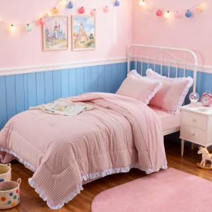 A Nice Night Comforter Twin Size,Pink Ruffle Comforter for Dorm Room Essentials for Twin Bed,Plaid Checkered Chic Bedding Bed in a Bag for Girls