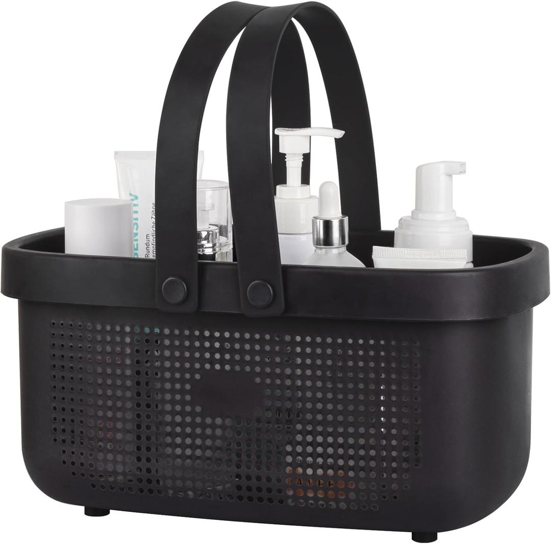 JiatuA Plastic Storage Basket with Handle Portable Shower Caddy Tote Organizer Basket Bin for Bathroom Kitchen Dorm Room Bedroom, Black (Large)
