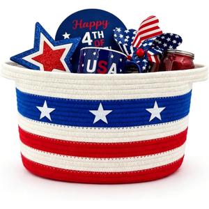 Patriotic Storage Basket for 4th of July, Woven Shelf Toy Basket, Cotton Rope Storage Bin with Handles, Rope Baskets for Gifts, Foldable Organizer for Blankets, Toys, Clothes, Home Decor Basket