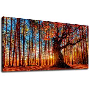 Yearainn Large Canvas Wall Art Forest Sunset Canvas Pictures Red Leaf Trees Landscape Contemporary Nature Picture for Living Room Bedroom Home Office Wall Decor Framed Ready to Hang 24" x 48"