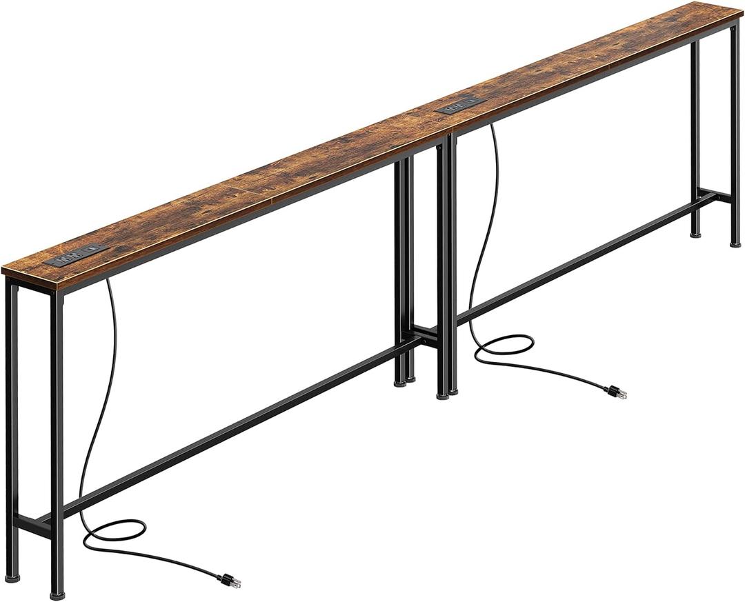 SUPERJARE 106.3 Inch Sofa Table with Power Outlets and USB-C Ports, 5.9 Inch Narrow Console Tables, Entryway Hallway Couch Tables with Storage, Behind Sofa, Small Spaces, Living Room, Rustic Brown, 5.9''D x 106.3''W x 29.7''H