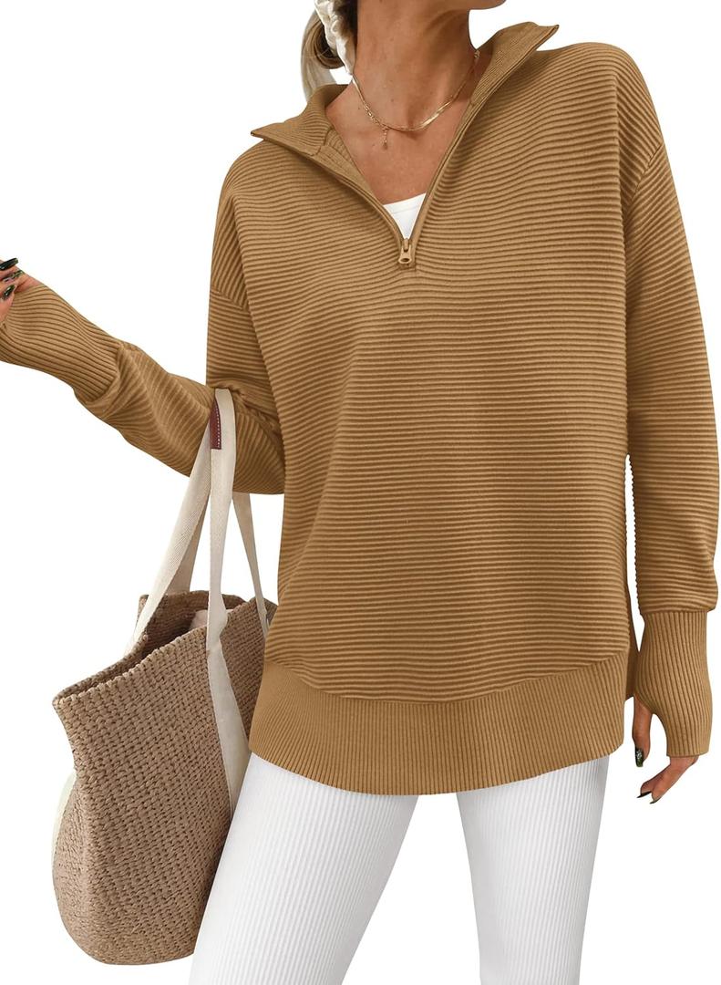 PRETTYGARDEN Womens Long Sleeve Quarter Zip Pullover Sweater Casual Loose V Neck Collared Ribbed Knit Jumper Tops Thumb Hole (XX-Large, Khaki)